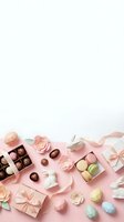 Luxury chocolate gift boxes with macarons and flowers on pink background for Valentine's Day, Mother's Day, birthday celebrations and special occasions.
