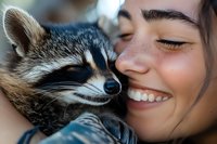 Young Hispanic woman smiling while cuddling with adorable raccoon pet, showing tender moment of connection between human and exotic animal companion.