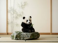 Adorable giant panda cub sitting on a mossy rock, holding bamboo leaves, with soft bamboo shadow backdrop in a serene interior.