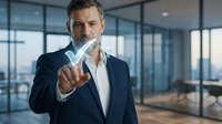Confident middle-aged Caucasian businessman in navy suit pointing forward in modern glass office, leadership and success concept for corporate presentations.