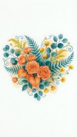 Heart-shaped floral arrangement with orange roses, golden berries, teal eucalyptus leaves, and decorative scrolls on isolated white background. Perfect for wedding invitations, greeting cards, and design projects.