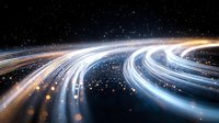 Glowing curved light trails against starry space background create dynamic motion effect with blue and golden streaks for technology and future concepts.