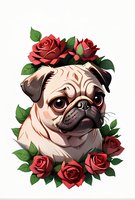 Adorable pug dog portrait surrounded by blooming red roses and green leaves on white background, stylized artistic illustration for decorative prints.