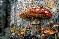 Red spotted mushrooms growing in magical forest environment with bokeh light effects and mystical atmosphere, detailed macro photography of wild fungi.