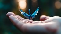 Glowing blue origami crane with spread wings rests on open palm against blurred bokeh background, creating magical atmospheric scene.