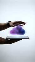 Male hands protecting holographic cloud computing icon above digital tablet representing data security and technology innovation for business solutions.