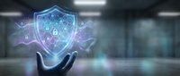 Digital cybersecurity shield with network icons floating above open hands in modern office environment for data protection and IT security concepts.