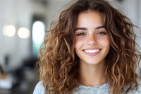 Young woman with natural wavy brown hair and bright genuine smile wearing casual grey top against blurred background. Positive emotional portrait.