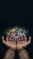 Hands holding glowing digital cityscape with holographic buildings and light projections against dark background, representing smart city technology, urban development, innovation, and future infrastructure solutions.