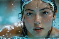 Young Asian female swimmer emerging from pool water with water droplets on face and swimming goggles on head, captured in dramatic close-up with teal tones.