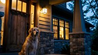 Golden retriever sitting on a cozy home porch at dusk, warm lights glowing through windows, stone columns framing a wooden front door.