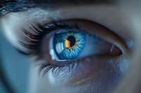 Close-up macro shot of human blue eye with detailed iris patterns and long eyelashes in dramatic lighting for medical and beauty concepts.