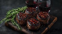 Grilled beef tenderloin medallions with rosemary sprigs on rustic wooden board, served with red wine. Dark moody food photography with dramatic lighting.