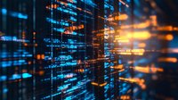 Abstract digital matrix with glowing blue and orange data streams flowing through transparent panels, representing advanced technology and information processing.
