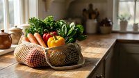Fresh organic vegetables in woven basket on rustic kitchen counter including carrots, bell pepper, leafy greens for healthy cooking and meal preparation.