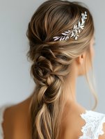 Elegant bridal hairstyle with twisted loose braid and silver leaf hair accessory, blonde hair styled with romantic loose strands against light gray background.