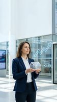 Female real estate professional presenting market analysis with rising interest rates chart and property forecast data in modern office environment.