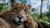 Majestic jaguar close-up portrait showing spotted fur pattern and intense blue eyes while resting on tree branch in natural rainforest habitat against blurred foliage background.