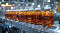 Plastic bottles filled with amber-colored beverage moving along automated production line conveyor belt in modern beverage factory. Industrial bottling facility with bokeh background.