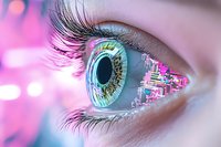 Futuristic human eye with digital circuit reflection and pink bokeh background showing technological enhancement of vision and biometric scanning technology.