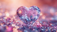 Crystal heart shape on pink glittery surface with soft bokeh background creates romantic atmosphere. Luxury jewelry concept for Valentine's day and wedding designs.