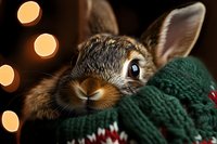 Adorable baby rabbit wearing green knitted sweater with warm bokeh lights creating cozy winter holiday atmosphere for seasonal greeting cards.