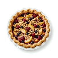 Homemade fruit pie with golden crust, sliced apples, mixed berries, and crumb topping on white plate, isolated on white background for baking and dessert designs.