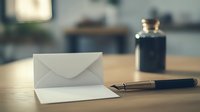 Minimalist composition with blank white envelope, paper and fountain pen on wooden desk surface in soft natural lighting, creating nostalgic writing atmosphere.