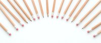 Natural wooden pencils with pink erasers arranged in semicircle on white background. Office supplies, school stationery, education concept for design projects.