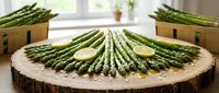Fresh green asparagus spears arranged on rustic wooden cutting board with lemon slices in bright kitchen setting for healthy cooking and meal preparation.