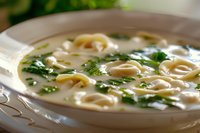 Homemade tortellini pasta in creamy broth garnished with fresh parsley, served in white ceramic bowl. Close up view showing texture of Italian soup.