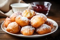 Homemade donuts dusted with powdered sugar served on white plate with jam and cream dipping sauces on rustic wooden table.