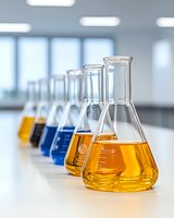 Laboratory flasks containing colorful liquids arranged in row on white surface, showing yellow, blue and brown solutions in scientific glassware. Modern lab setting.