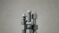 Minimalist geometric composition with concrete cubes and spheres stacked in balanced arrangement on neutral background for modern design projects.