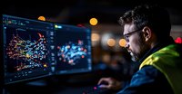 Caucasian male engineer in safety vest analyzing data visualization on multiple screens in dark control room with glowing charts and bokeh lights in background.