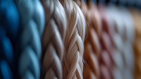 Macro close-up of colorful braided ropes or cords in blue, white and brown tones showing detailed texture and weave pattern. Soft focus creates artistic depth of field.