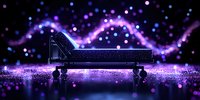 Grand piano silhouette on dark stage with magical purple bokeh lights and glowing particles creating dreamy atmospheric musical performance scene.