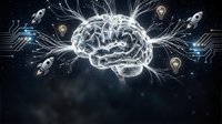Digital brain with glowing neural networks, circuit patterns, light bulbs and rockets representing innovation, creativity and technological advancement.