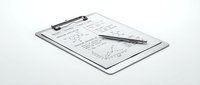 Clipboard with mathematical equations, graphs, and formulas sketched on white paper with pen, isolated on white background for educational and business design use.