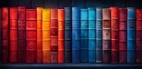 Row of vintage hardcover books arranged by color from red to blue on dark wooden shelf, creating rainbow gradient effect in dramatic lighting. Library collection.
