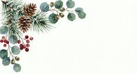 Winter holiday corner border with pine branches, eucalyptus leaves, red berries and pinecones on cream background for seasonal greeting cards and festive designs.
