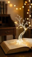 Glowing wire tree sculpture emerging from open book pages with warm bokeh lights creating magical reading atmosphere for education and creativity concepts.