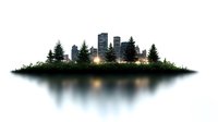 Modern cityscape silhouette with skyscrapers and pine trees on island reflecting in calm water, isolated on white background for creative design projects.