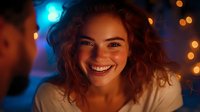 Young woman with curly red hair smiling genuinely at night, illuminated by warm bokeh lights and blue neon glow creating romantic atmospheric mood.