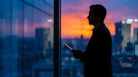 Business professional silhouette holding tablet at office window during sunset with city skyline view. Corporate executive planning strategy.