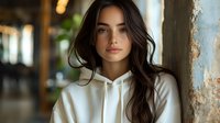 Young Hispanic woman with long dark wavy hair wearing white hoodie gazes confidently at camera. Natural makeup and soft lighting create modern casual portrait.