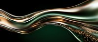 Abstract flowing waves in dark green and gold colors with glitter effect create elegant dynamic movement against black background. Luxury design element.