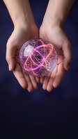 Hands holding glowing digital sphere with network connections and data visualization for technology and innovation concepts.
