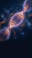 Glowing DNA double helix with blue electric sparks and golden particles on dark cosmic background, symbolizing genetic research and biotechnology.