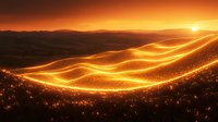 Glowing orange light trails flow across rolling hills at sunset creating magical landscape with sparkles and luminous streams against mountain silhouettes.